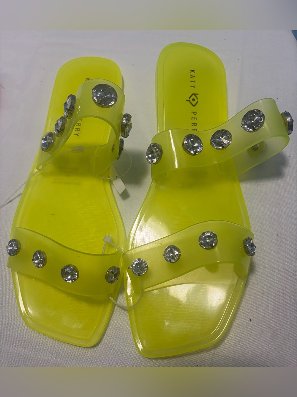 Katy Perry Yellow Rhinestone Square Toe Slide Sandals Women's Sz 8M/39 KP2179